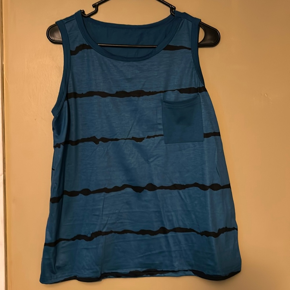 Bluish, green tank top, with black, wavy stripes size large